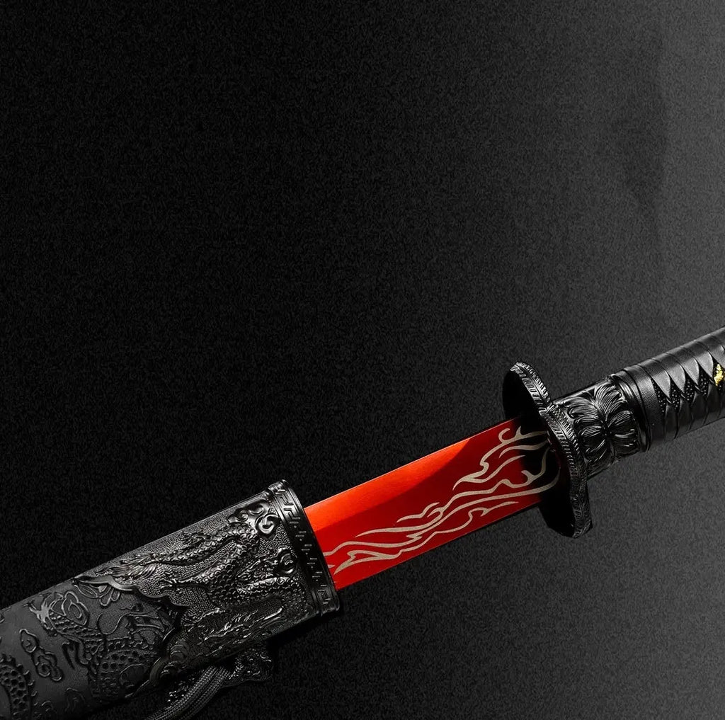 Blazing Flame Tang Dynasty horizontal sword with 65 manganese steel blade, 110 cm overall length, unsharpened, solid wood scabbard