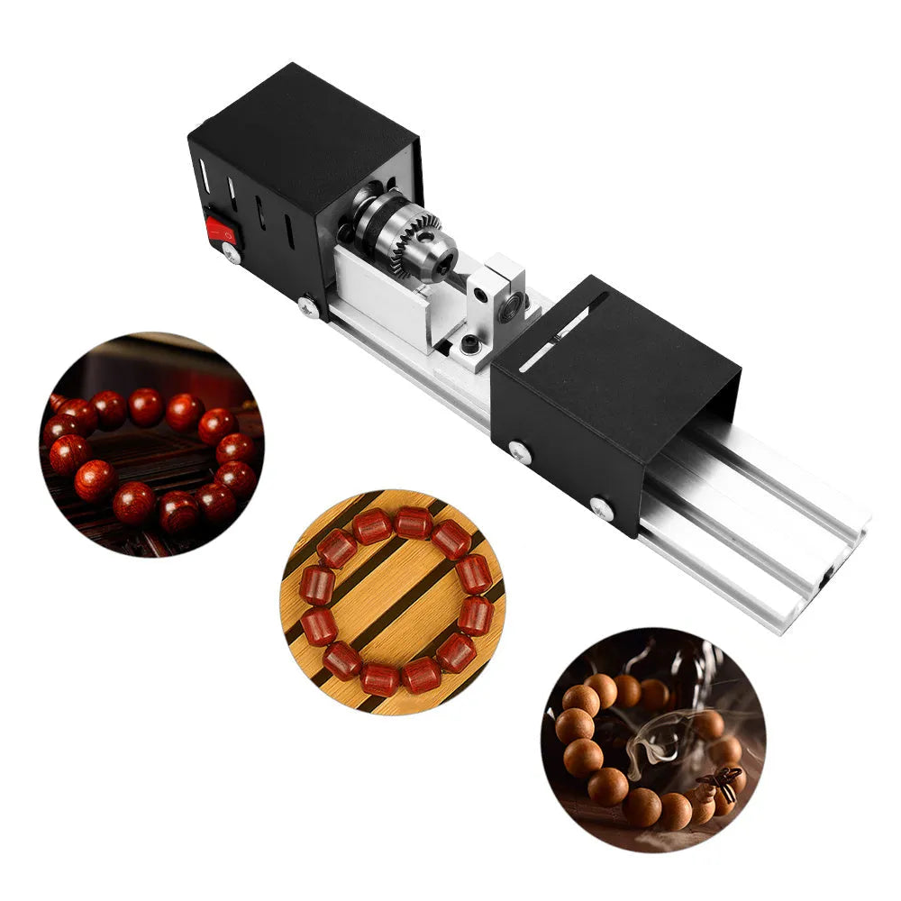 Mini manual woodworking lathe with silver metal construction and six carving knives
