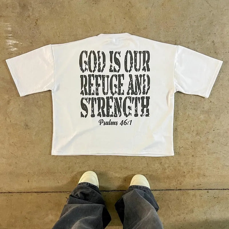 Printed cotton short sleeve t-shirt with drop-shoulder sleeves in a retro street style