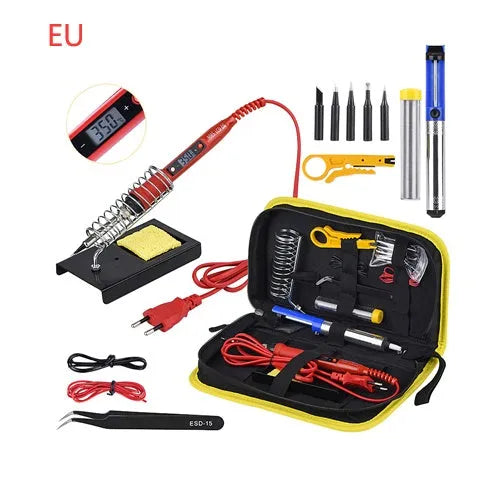 80W LCD adjustable temperature soldering iron kit with desoldering pump, five tips, stand, sponge, tweezers, wire stripper, and fabric case in black