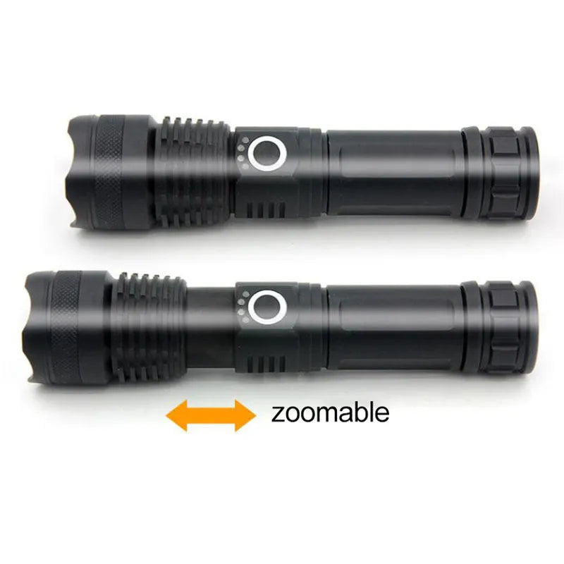 USB Charging Zoom P50 Flashlight with telescopic zoom, XHP70 LED, and aluminium shell