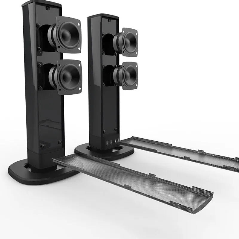Black foldable split TV Bluetooth speaker showing dual speaker units and control buttons