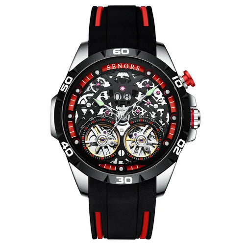 Automatic mechanical men's watch with luminous hands and hollow skeleton dial in blue or red.