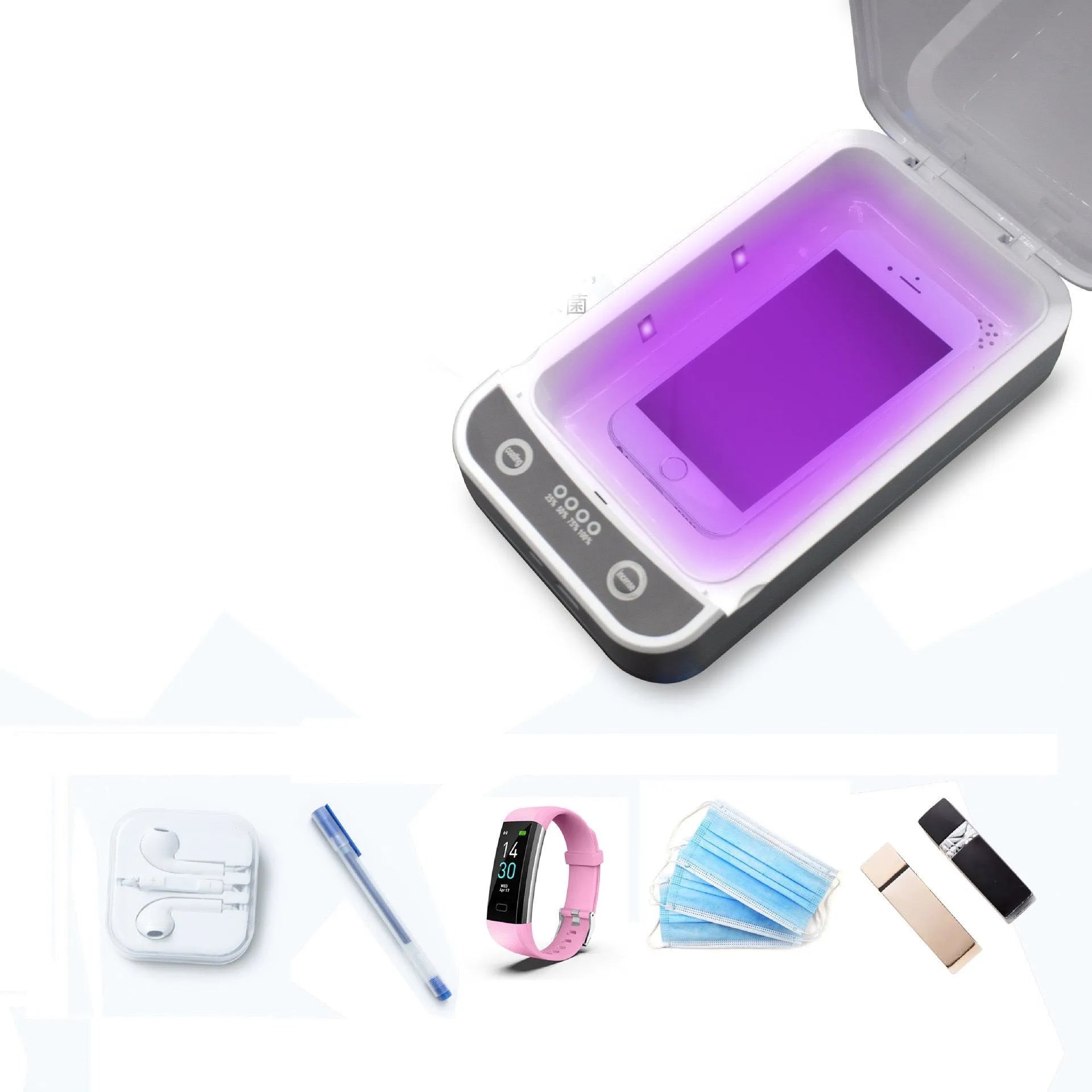 Compact white UV disinfection box with closed lid, showing scale next to a mobile phone.