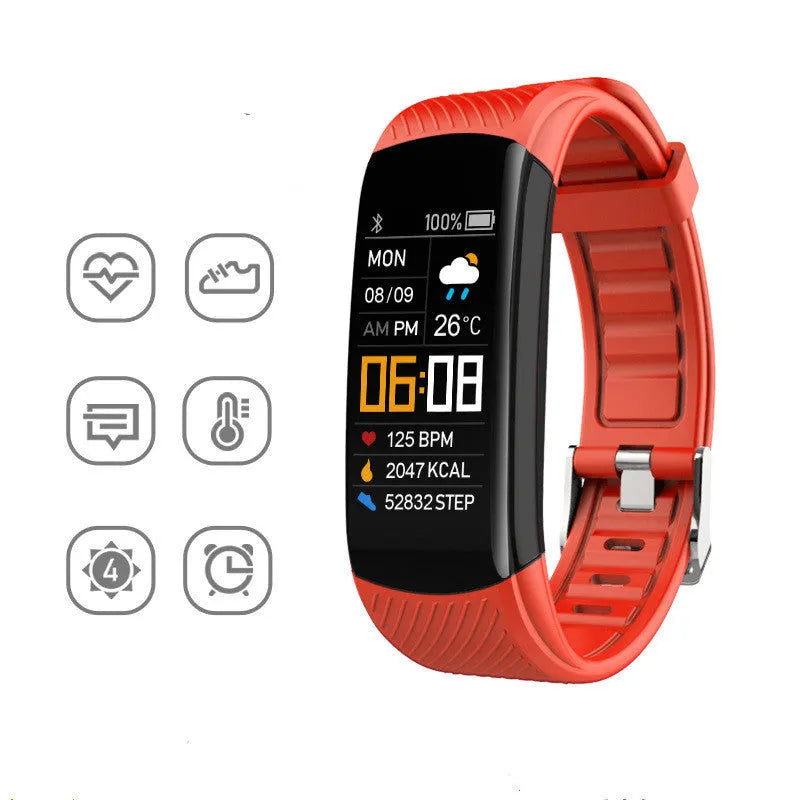 Adult sports silicone pedometer bracelet with a 0.96-inch touchscreen display on a wrist.