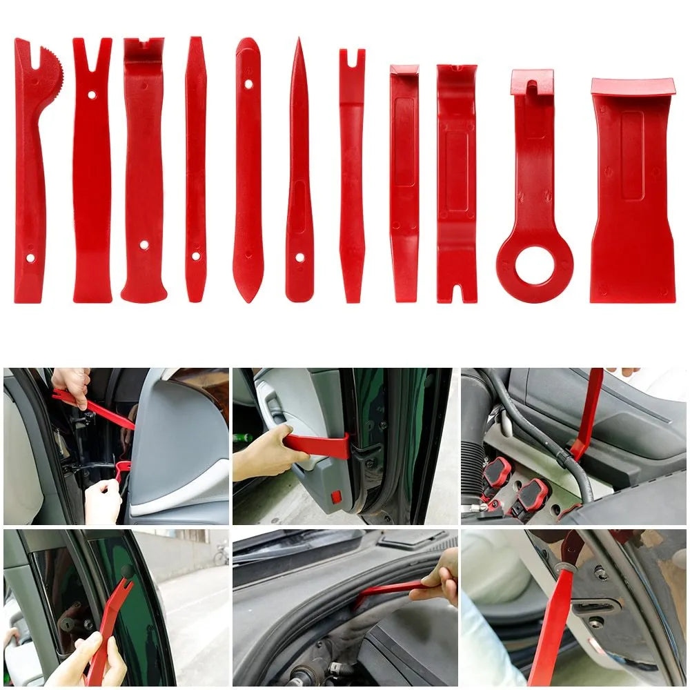 Plastic 19 piece car radio panel trim dashboard removal set with POM nylon skid boards in blue and red