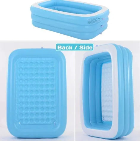 Rectangular inflatable kiddie pool, blue and white PVC, 150cm x 110cm x 50cm, with green base for outdoor summer play