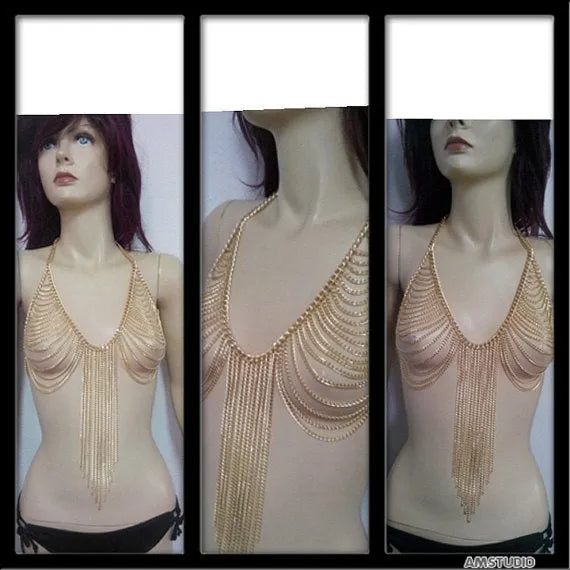 Gold alloy chest chain tassel body chain with electroplated geometric design for women