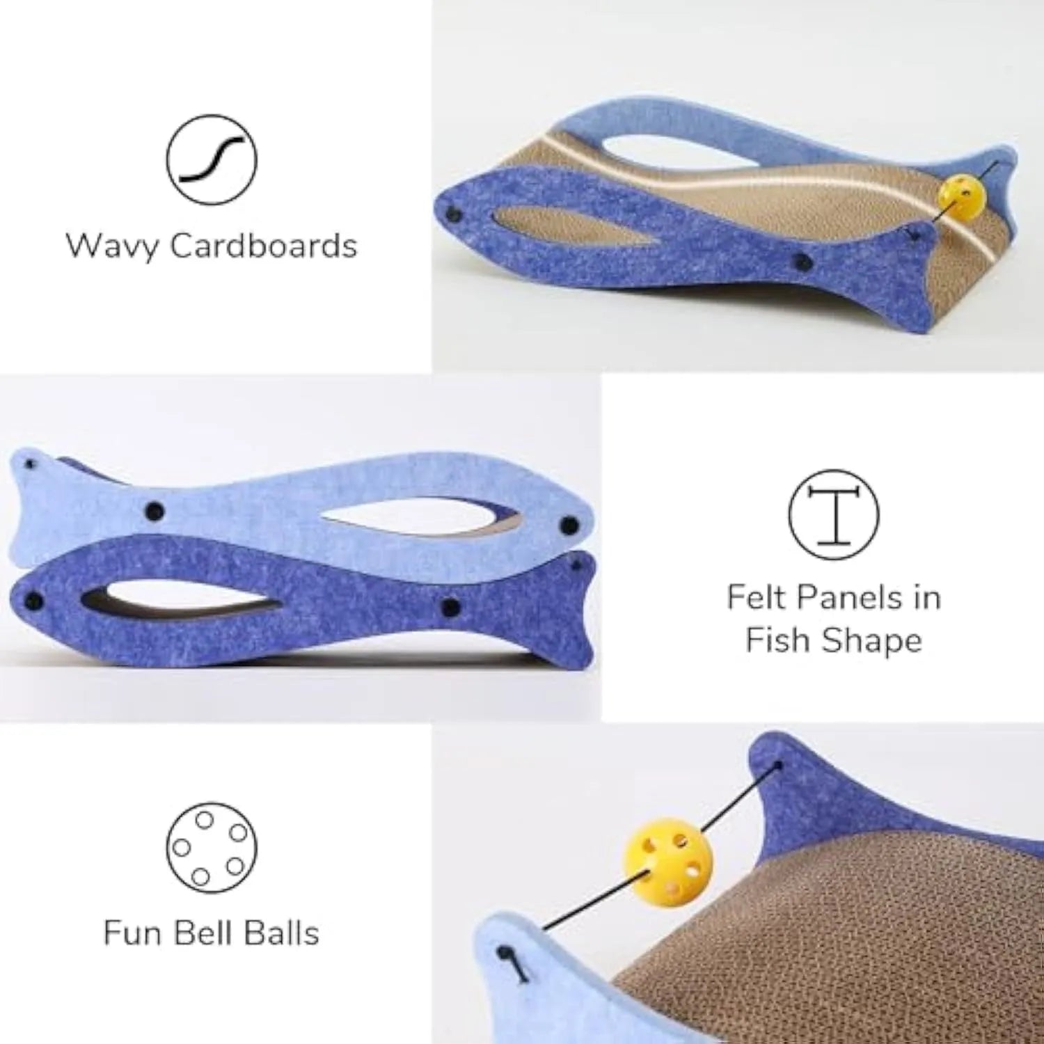 Blue fish-shaped cardboard cat scratcher with bell balls on an elastic cord