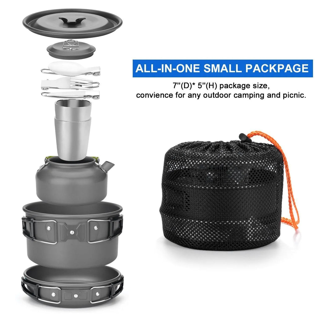 Hard alumina camping cookware set with boiler, frying pan, 800 ml teapot, two stainless steel cups and mesh bag