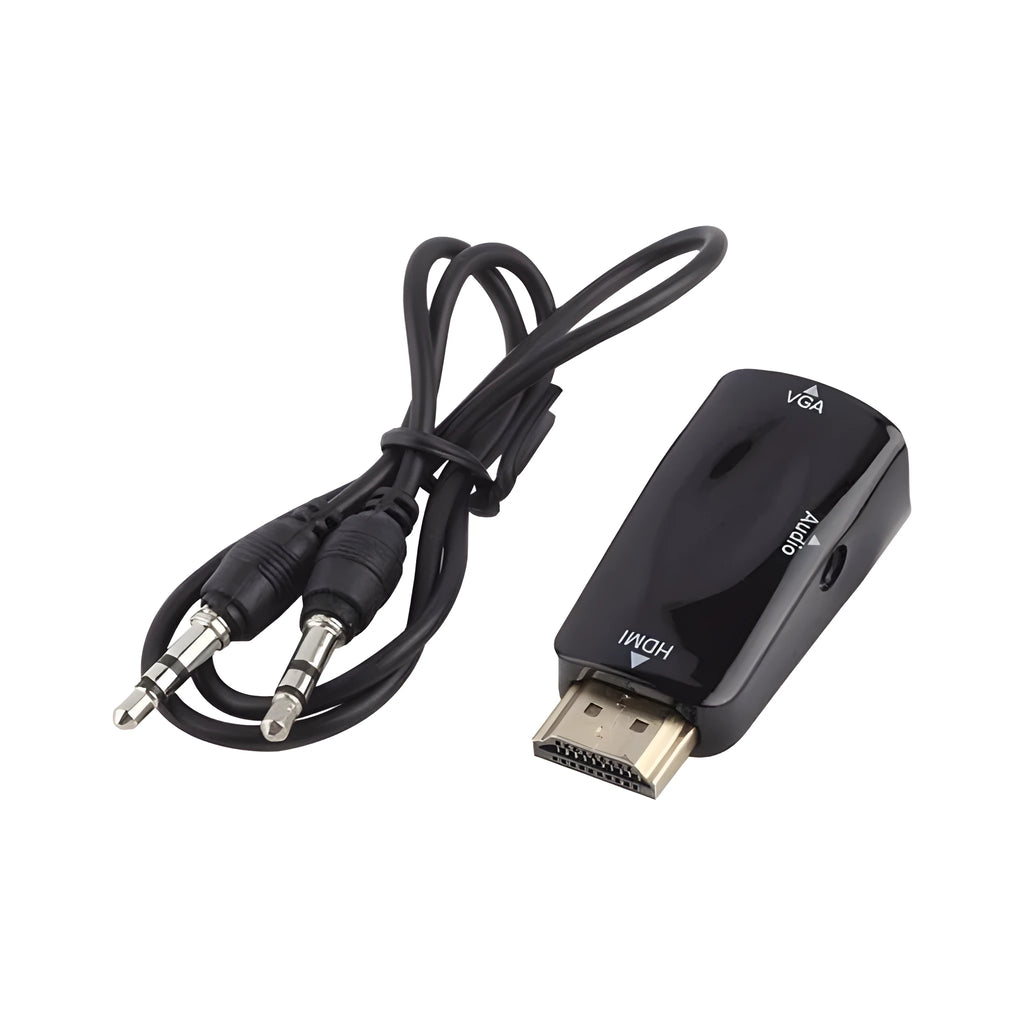 Compact black and white HDMI to VGA adapter converter showing dimensions.