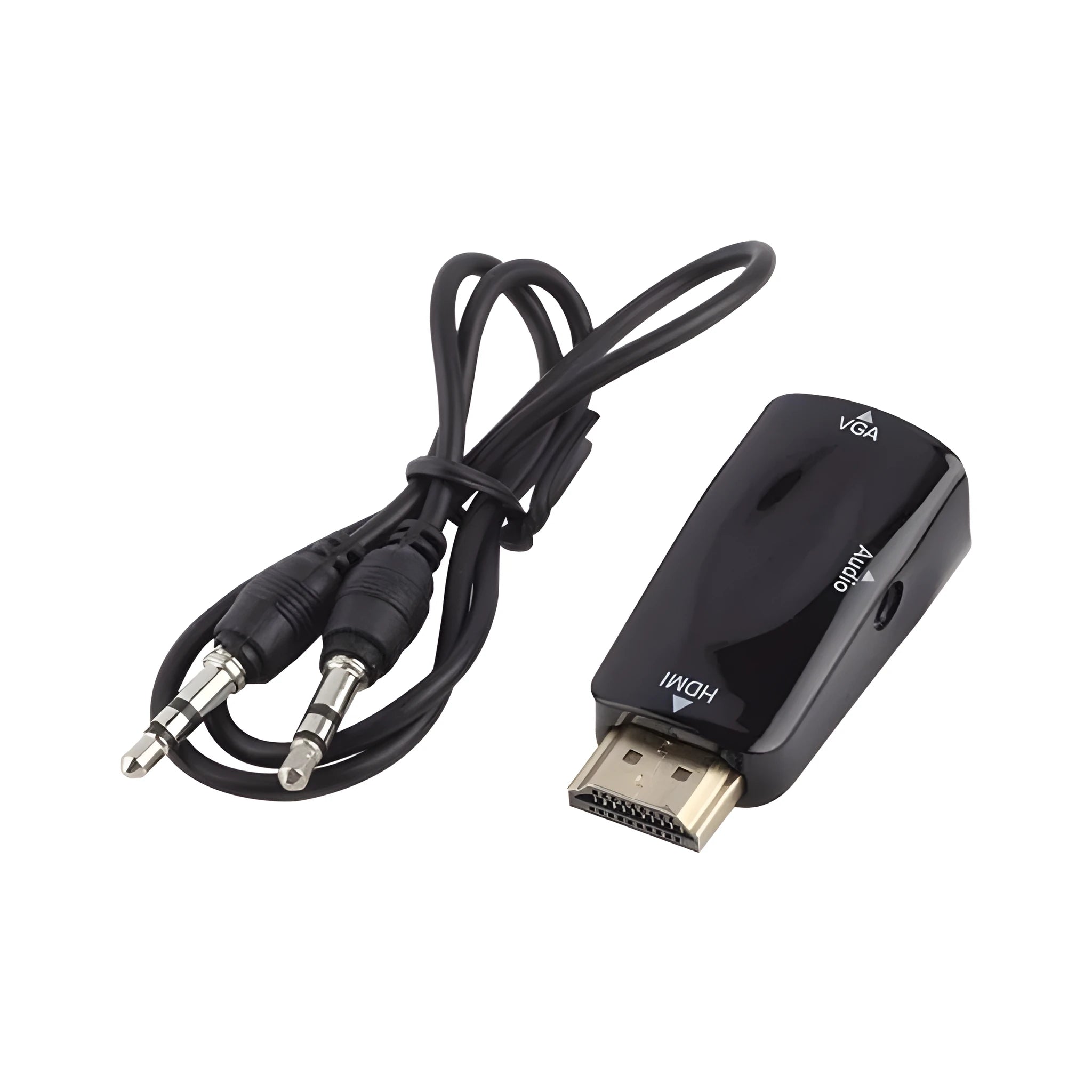 Compact black and white HDMI to VGA adapter converter showing dimensions.