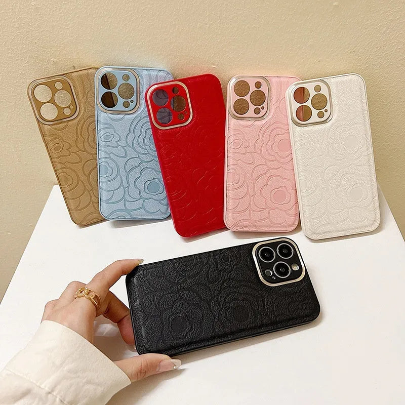Camellia leather pattern iPhone case with soft edge and hard back in antique white