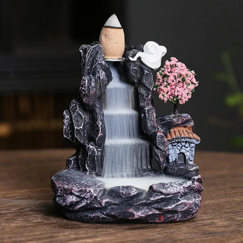 Ceramic backflow incense burner with tree ornament in green, mangrove, pink or white