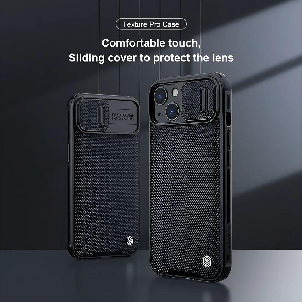 Black textured sliding back cover phone case for iPhone 13 Pro Max with PC and TPU construction