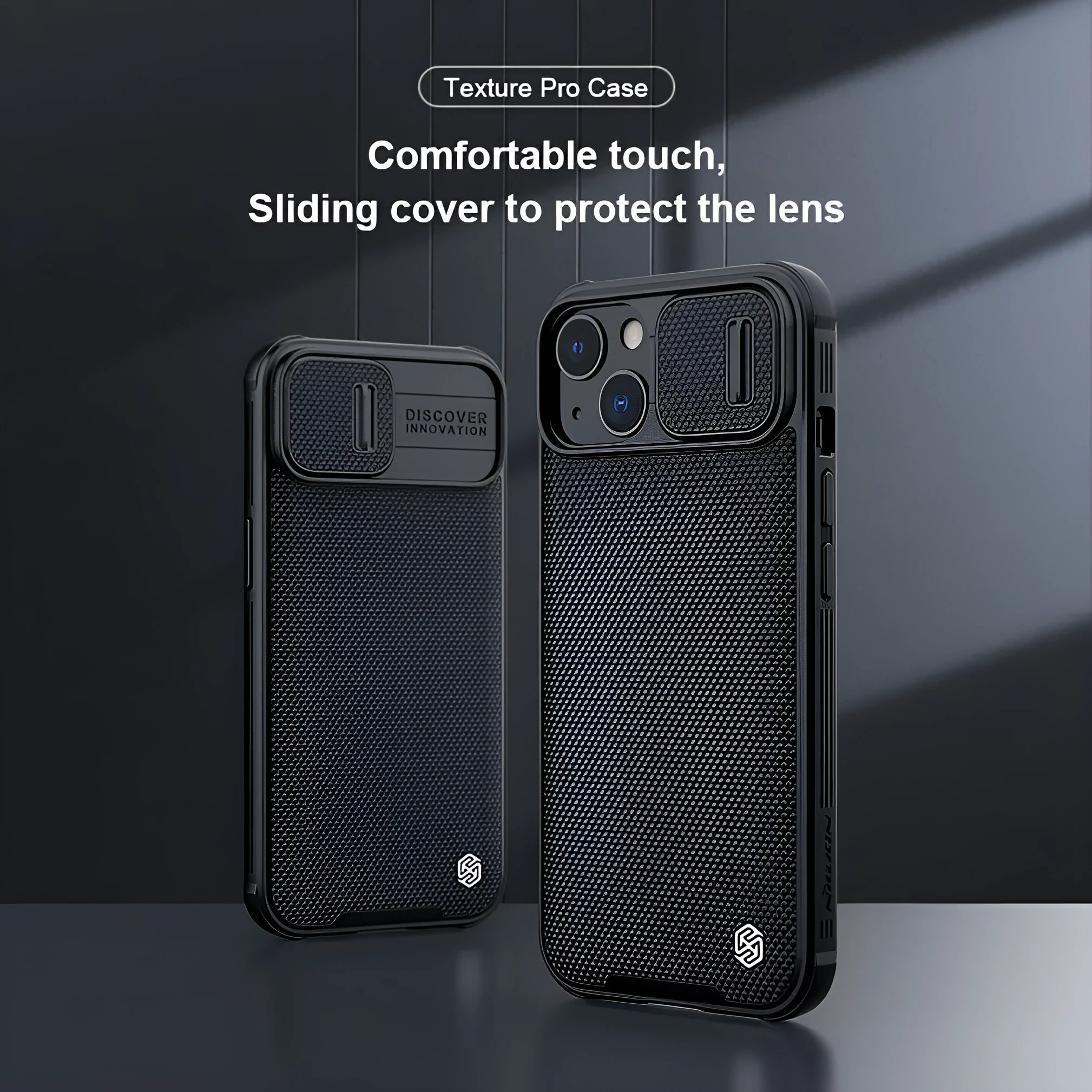 Black textured sliding back cover phone case for iPhone 13 Pro Max with PC and TPU construction