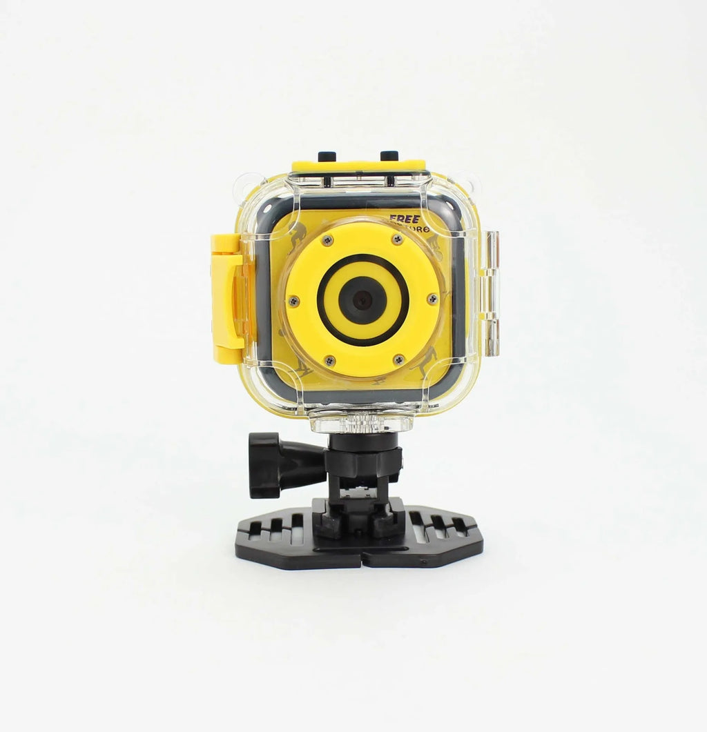 Yellow children's waterproof sports camera with 1.77-inch screen showing 5MP photo resolution and HD video recording