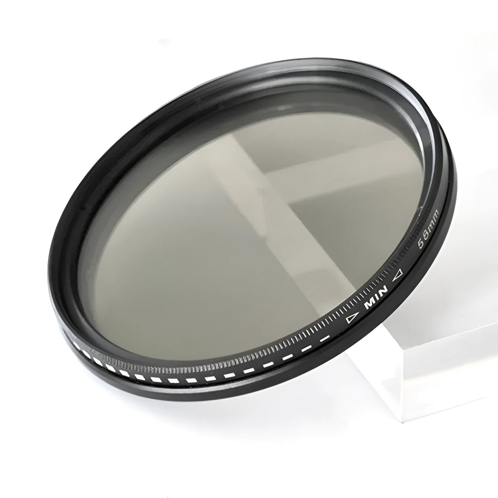 Adjustable camera lens filter mount with a set of four neutral density ND filters for multi-diameter lenses.