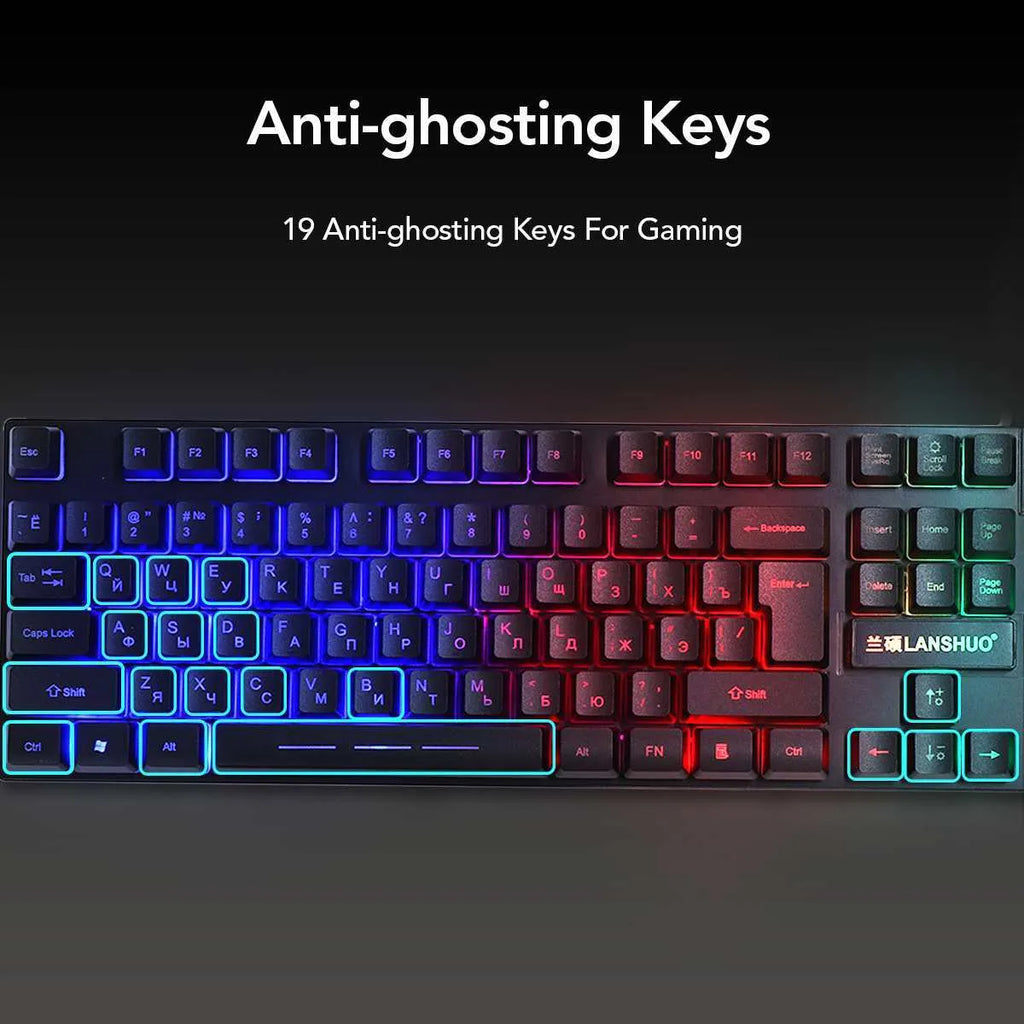 Russian USB wired backlit keyboard and mouse set in black with multimedia keys and 1200dpi optical resolution