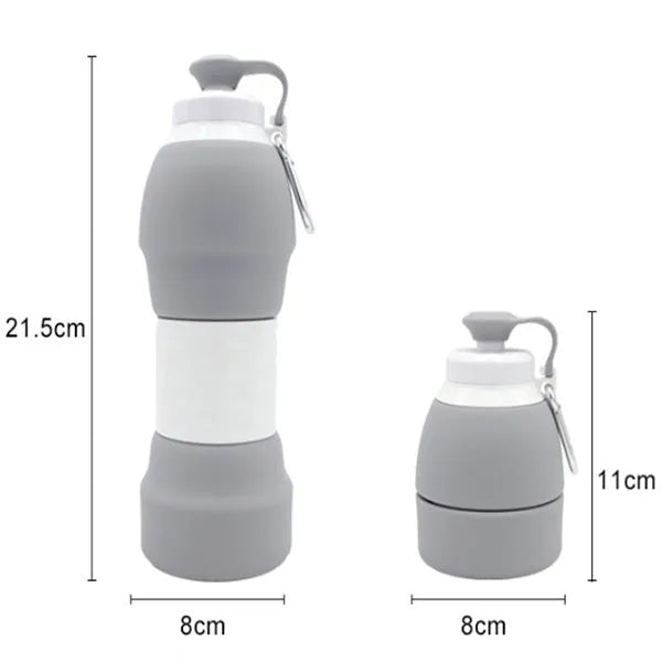 Blue silicone folding water bottle shown expanded and collapsed next to backpack for size comparison