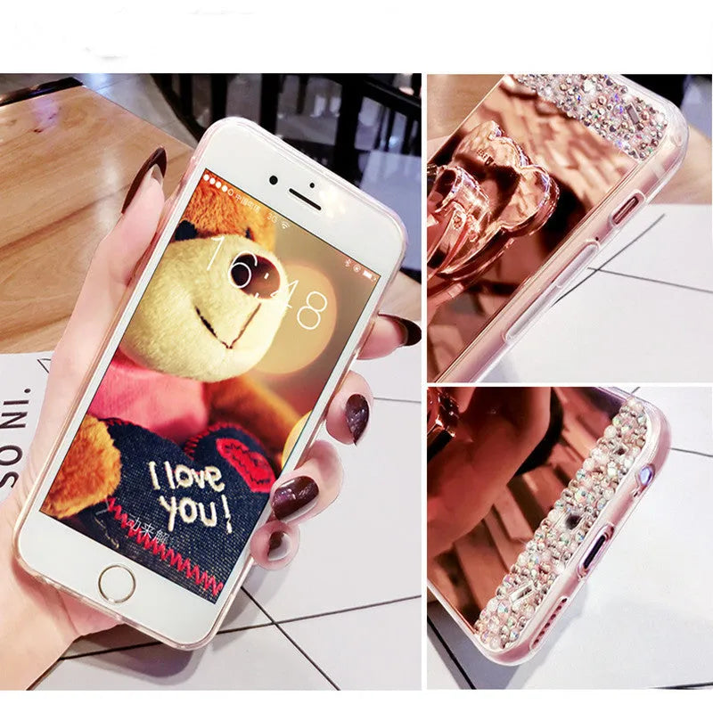 Silicone phone case with drill mirror, holder, and handmade rhinestones, in rose gold, silver, or tyrant gold for iPhone 11, 12, 13, 6, 7, 8, X, XR, XS Max.