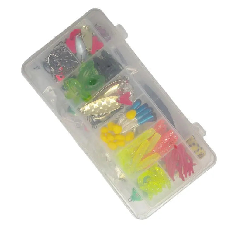 Assortment of hard plastic minnow fishing lures with sequins, hooks, and tackle components from a 142-piece kit