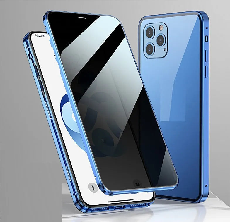 iPhone magnetic privacy case with double-sided tempered glass anti-spying screen protector in clamshell design