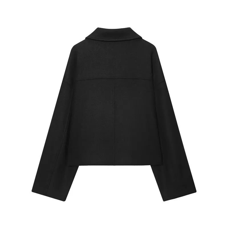 Double breasted short woolen coat for women in apricot with front pocket and regular sleeves