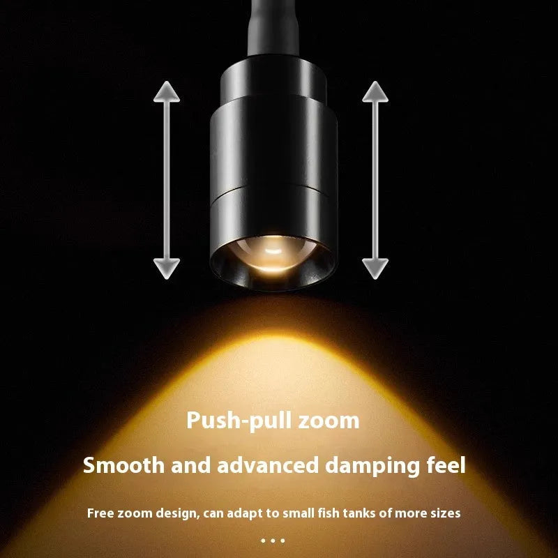 Mini LED aquarium light with clip and base mounting options for 15-40cm fish tanks.