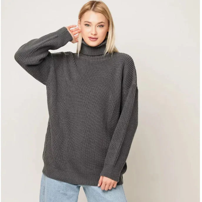 Women's solid colour high neck pullover sweater in imitation cashmere fabric on a hanger.
