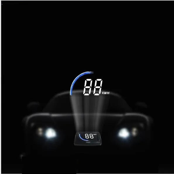 A101 OBD2 universal head-up display with 3-inch LED screen in black, mounted on car dashboard with speed and temperature projection