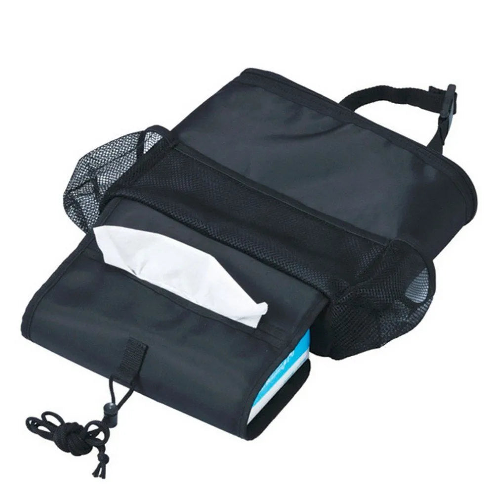 Universal car seat back multi-pocket storage organiser in black nylon with adjustable straps
