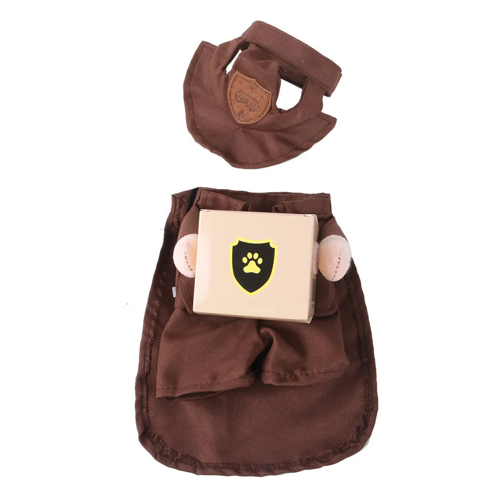 Coffee coloured courier costume for a dog or cat on a hanger