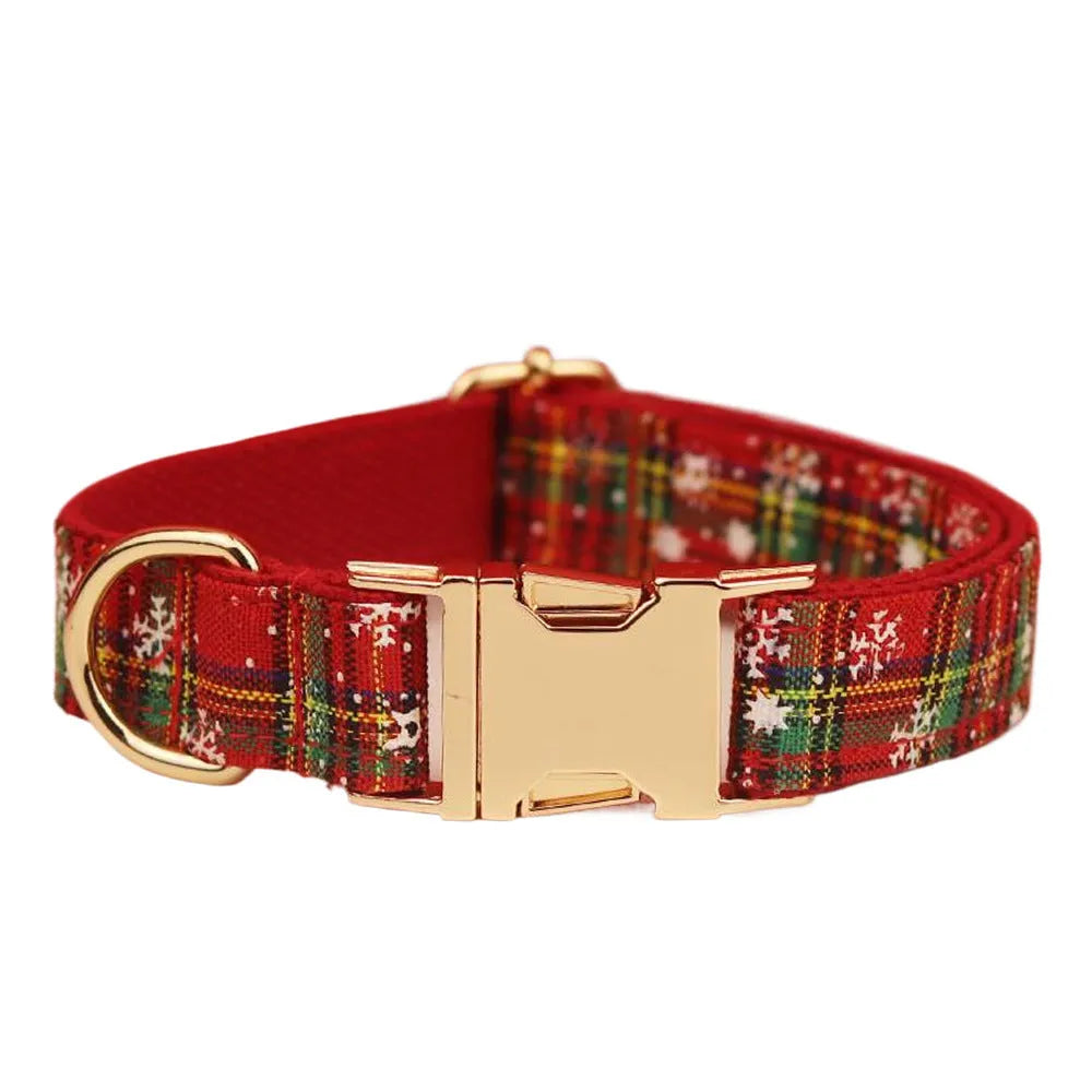 Red snowflake Christmas dog collar and leash set with plaid pattern four-piece holiday pet clothing