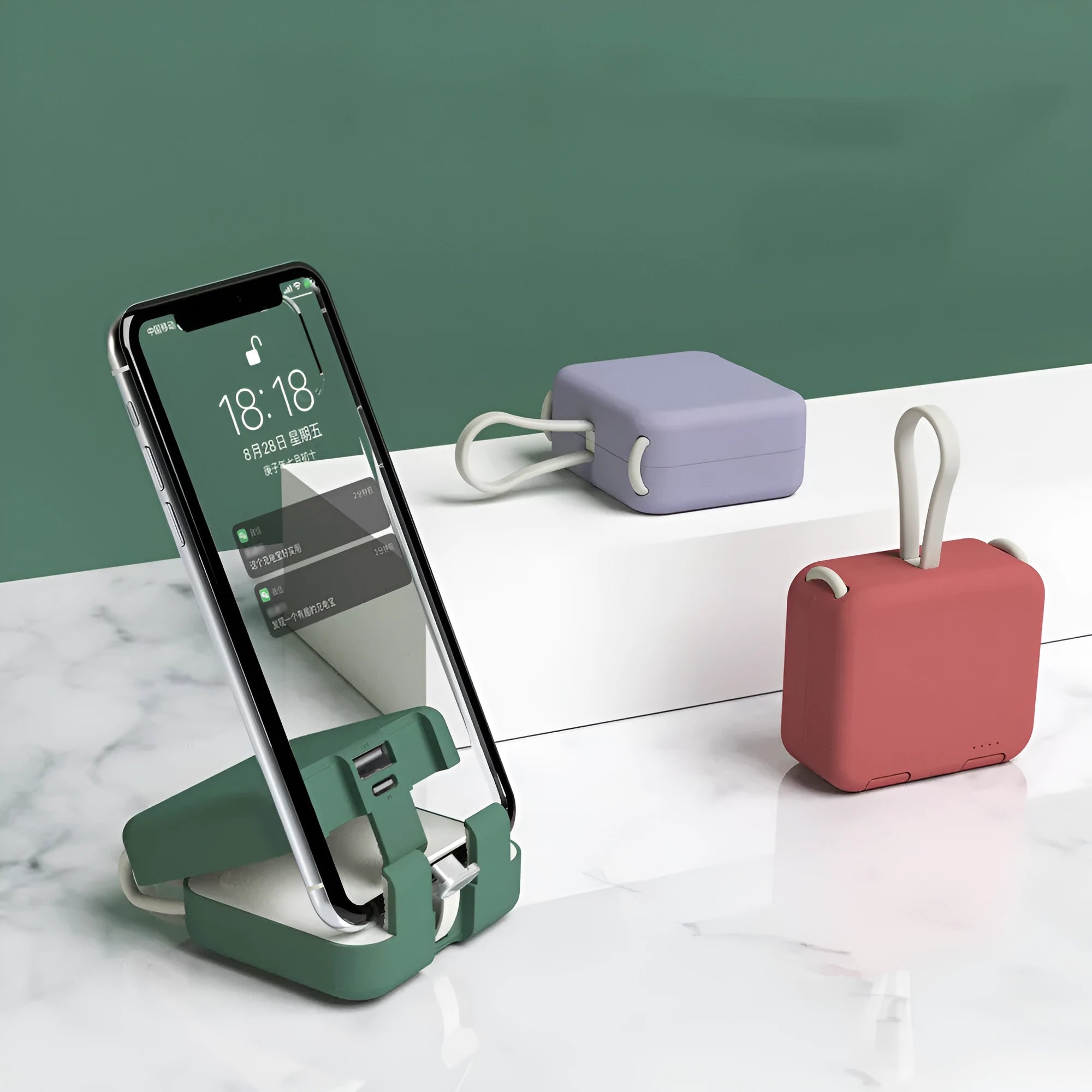 Handbag clip power bank in blue, green, red, or white with mobile phone stand functionality and dual charging ports
