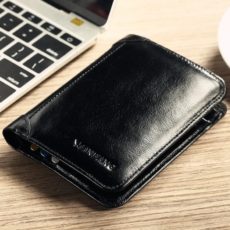Men's black genuine leather bi-fold wallet open, showing eight card slots, a note compartment, and a zipped coin pouch.