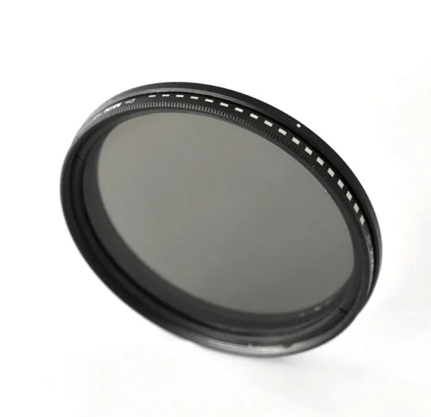 Adjustable camera lens filter mount with a set of four neutral density ND filters for multi-diameter lenses.