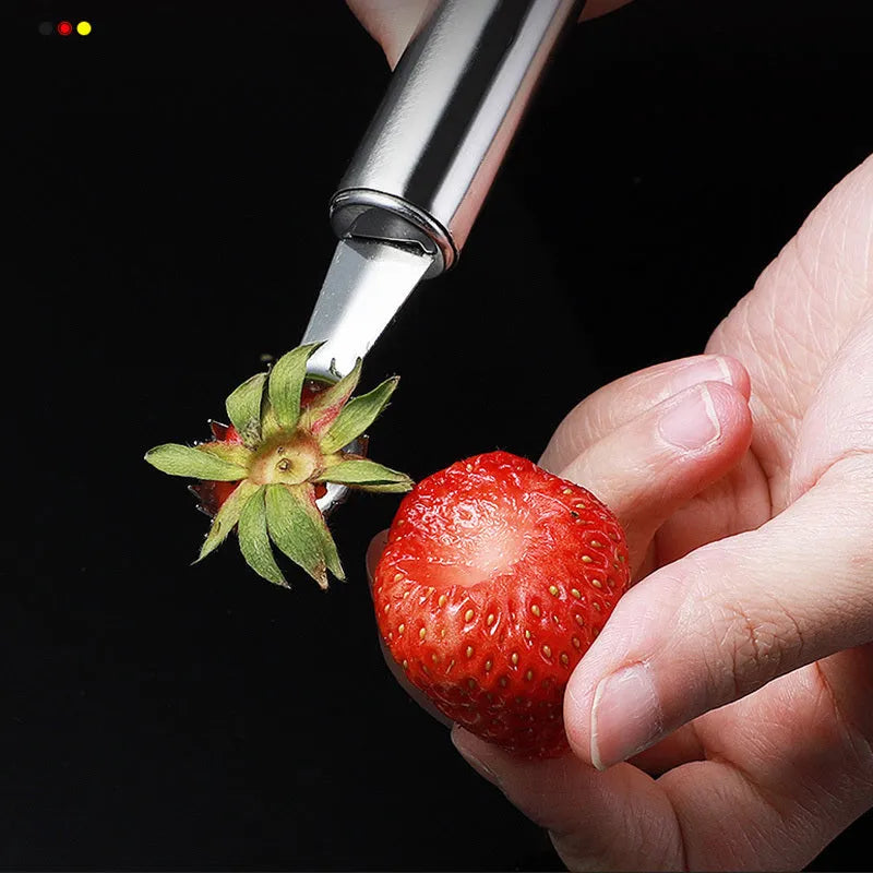 Stainless steel strawberry stem remover, 410 steel, modern minimalist kitchen gadget for hulling strawberries.