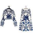 Women's floral print casual two-piece set with a long sleeve top and long skirt for early spring.