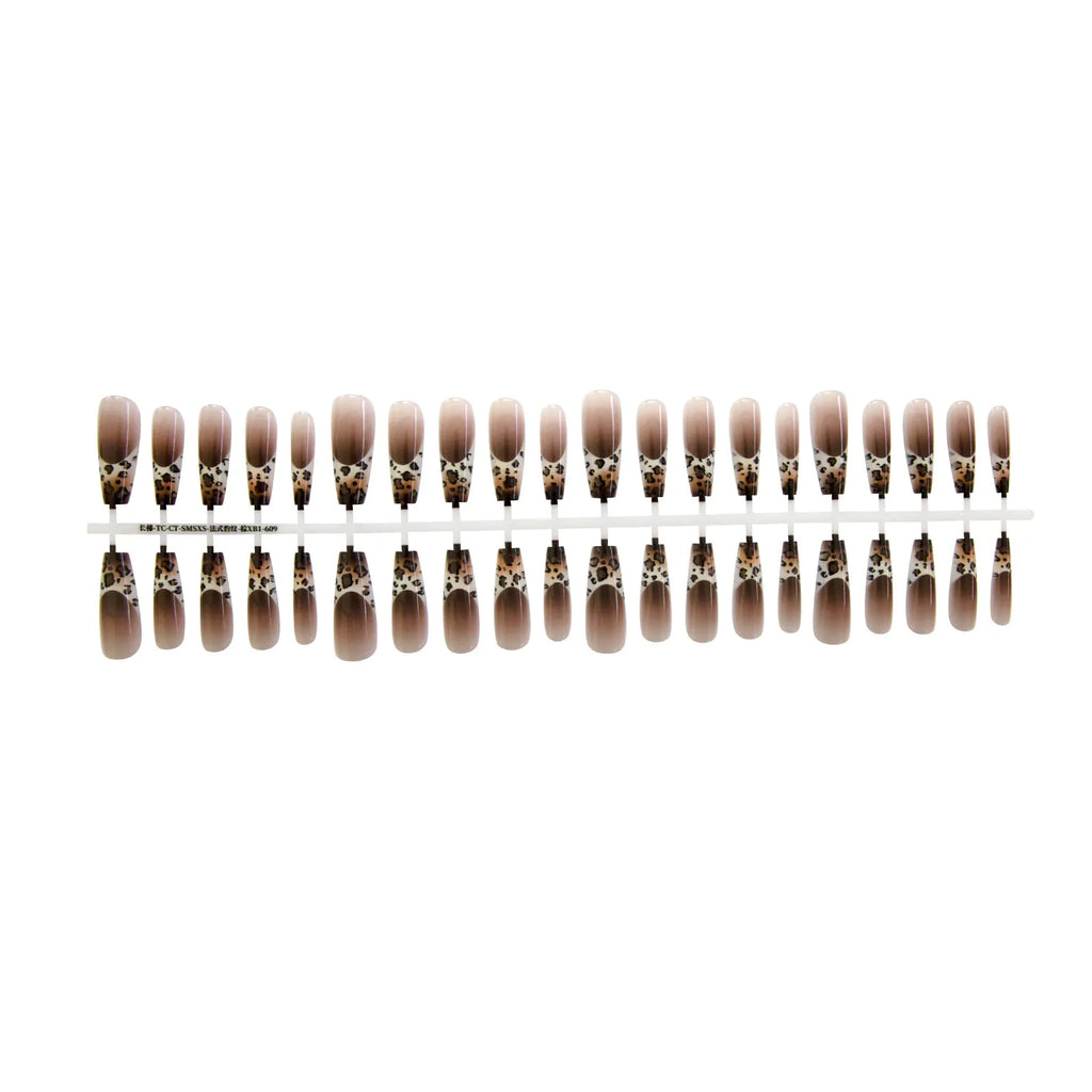 French leopard print long ladder nail stickers in brown, charm, and moss colourways, 40 piece set