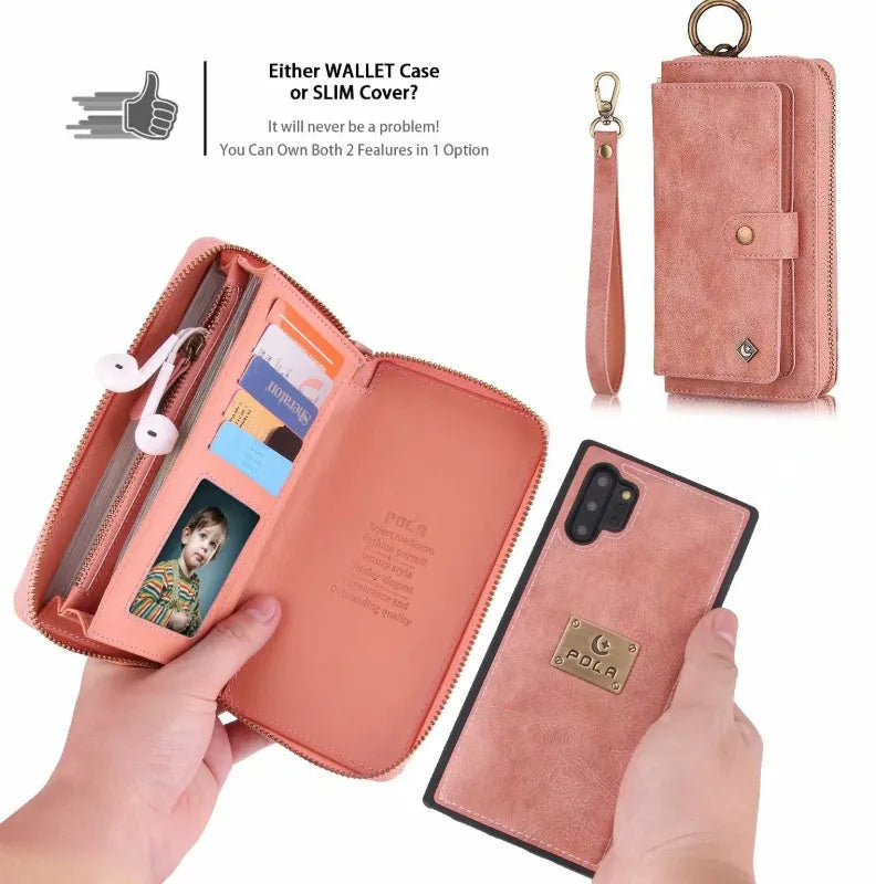 Black PU leather phone wallet case with a zipper, shown next to a credit card.