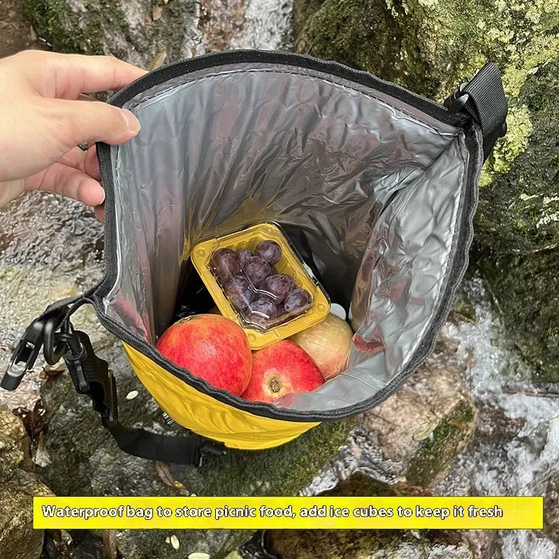 Yellow and black waterproof PVC backpack with dry wet separation compartments and 20 litre capacity for outdoor water sports