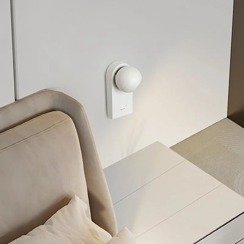 Minimalist rotatable LED wall lamp in sand white finish, 7W, showing compact D8x7.5x17x3cm design for bedside use