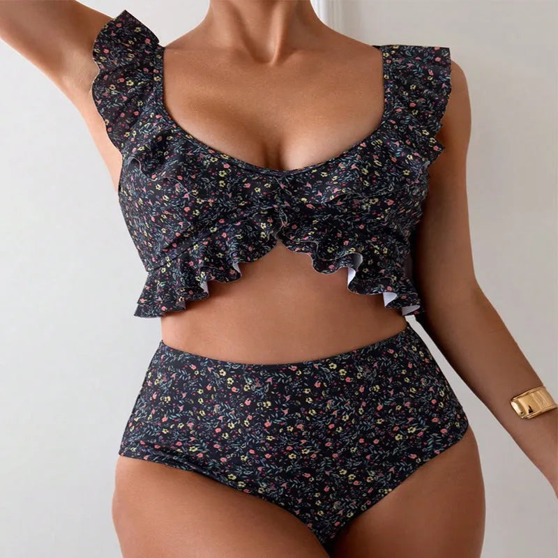 Floral flounce split backless swimsuit set, black with pink floral pattern, polyester, brief bottom, women's swimwear
