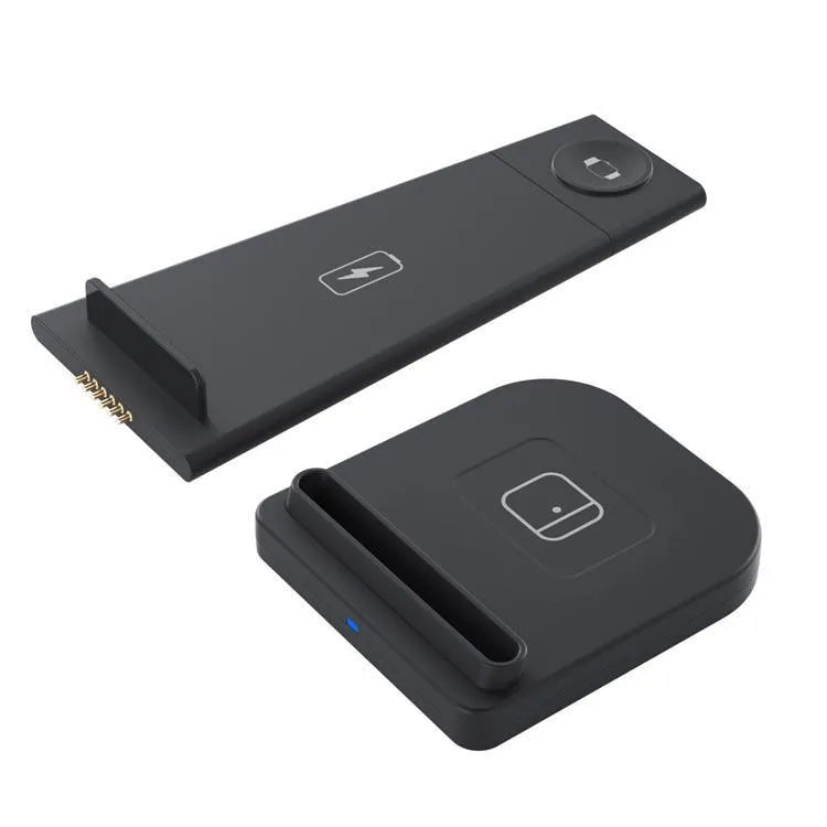 Black foldable 3-in-1 wireless charger showing phone, headphones, and watch charging simultaneously