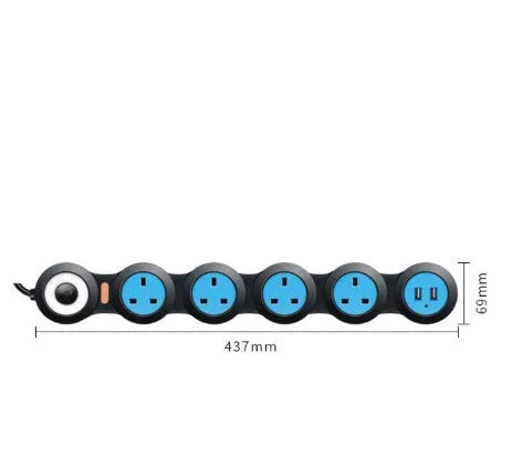 UK standard power strip with 5 rotating sockets and 2 USB charging ports on 4 metre cable