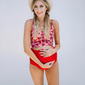 Red maternity high waist swimwear set with swim trunks for pregnant women in stretch fabric
