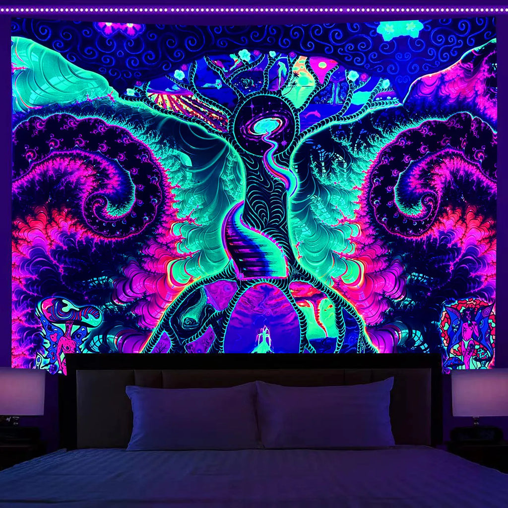 Fluorescent Tree of Life mushroom print polyester tapestry wall hanging in picture colour
