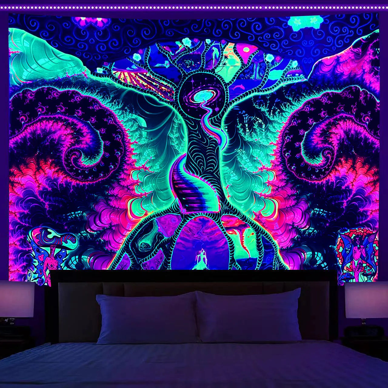 Fluorescent Tree of Life mushroom print polyester tapestry wall hanging in picture colour