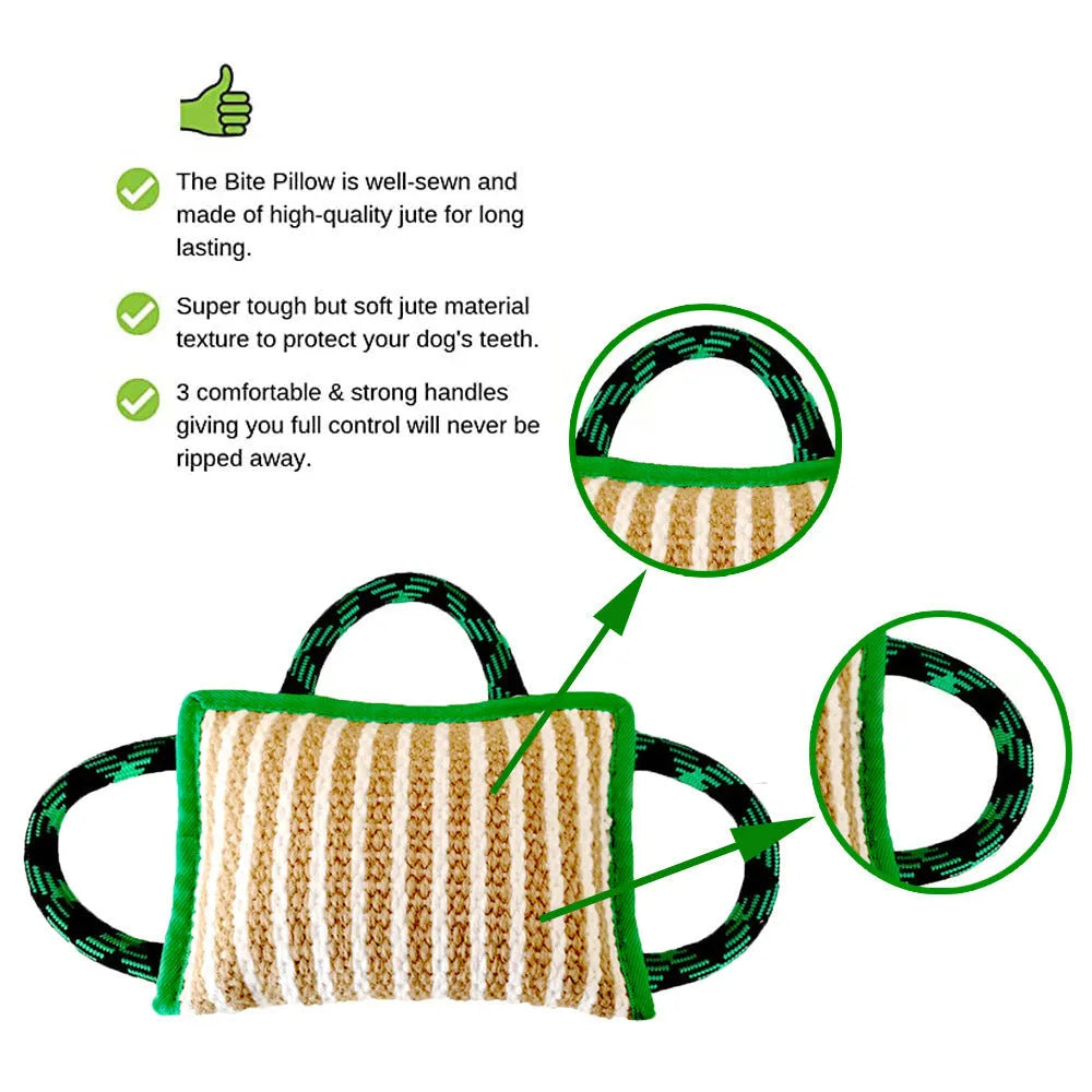 Jute dog tug toy with three rope handles and a central bite pillow, shown in assorted colours.